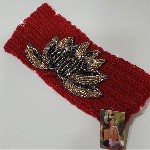 SALE Red Rhinestone Bling Knit Head Wrap Ski HeadBand - Picture 3 of 7